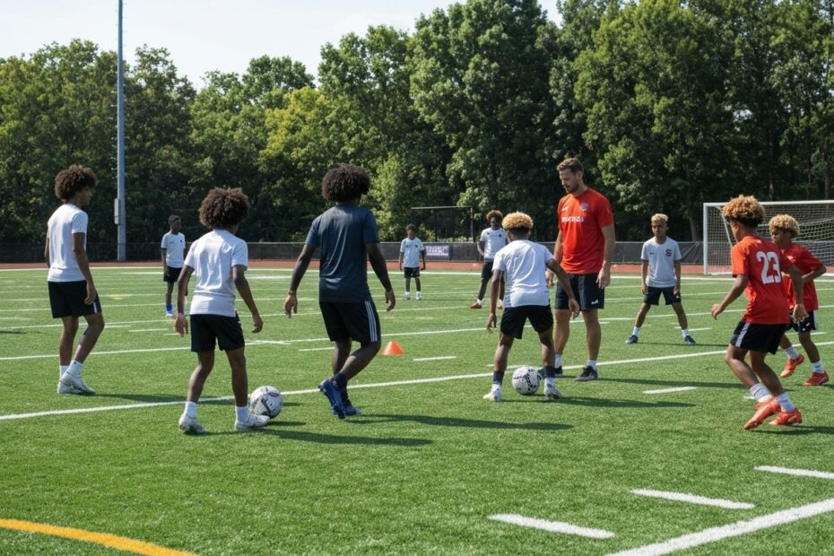 Atletas treinando em um campo de futebol com dimensões adaptadas para otimizar o desenvolvimento.