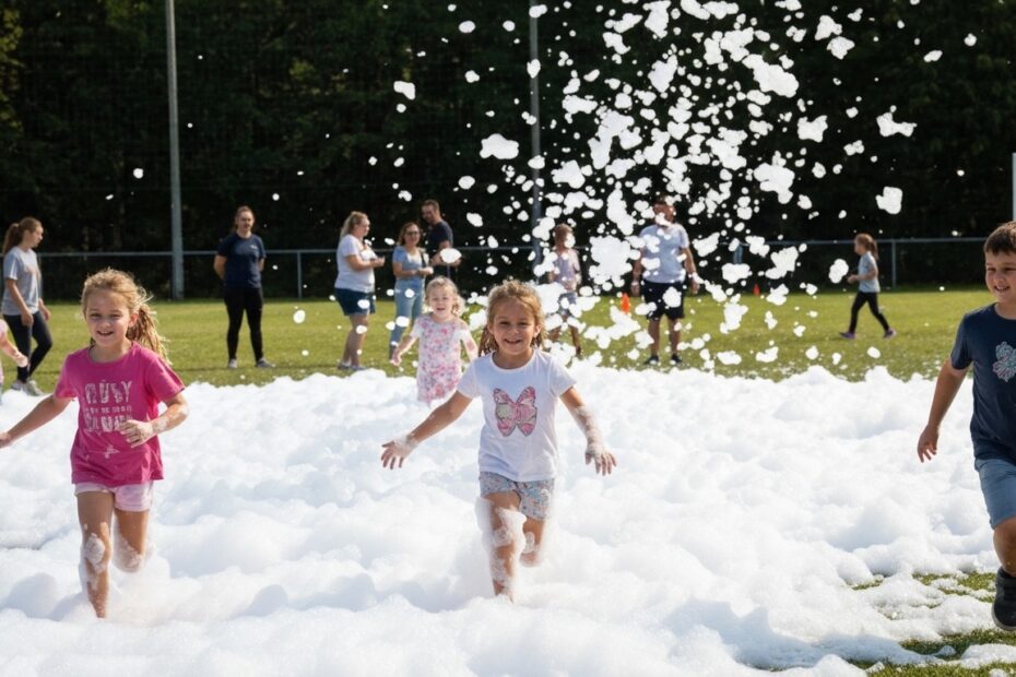 Pessoas se divertindo em um evento de futebol de sabão com muita espuma