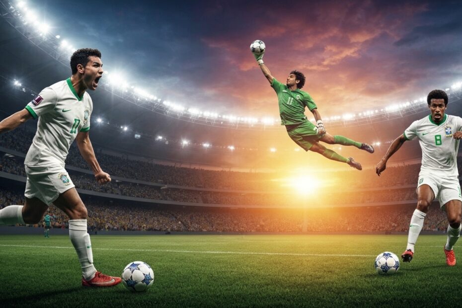 Montagem vibrante de momentos icônicos do futebol, incluindo um gol, uma defesa espetacular e uma jogada de drible, representando os melhores momentos e lances históricos do Brasileirão.