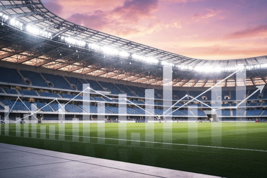 Uma representação visual do crescimento, modernização e estratégica financeira dos clubes, ilustrando a transformação de o futuro do Brasileirão com a implementação da SAF no cenário esportivo e empresarial.