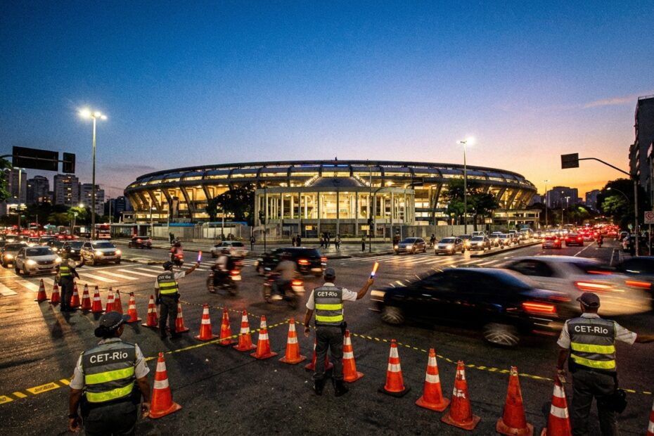 Vista externa do Maracanã com operação de trânsito e sinalização da CET-Rio