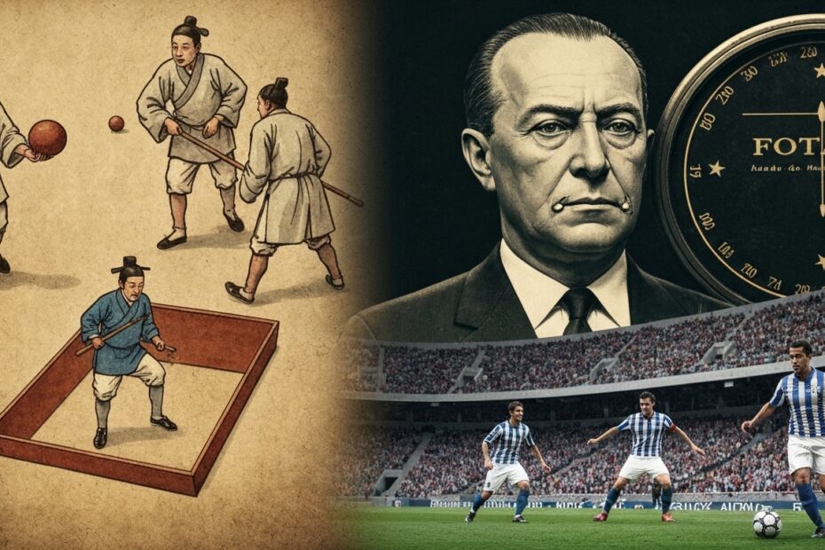 Montagem visual das origens bizarras e evolução do futebol.