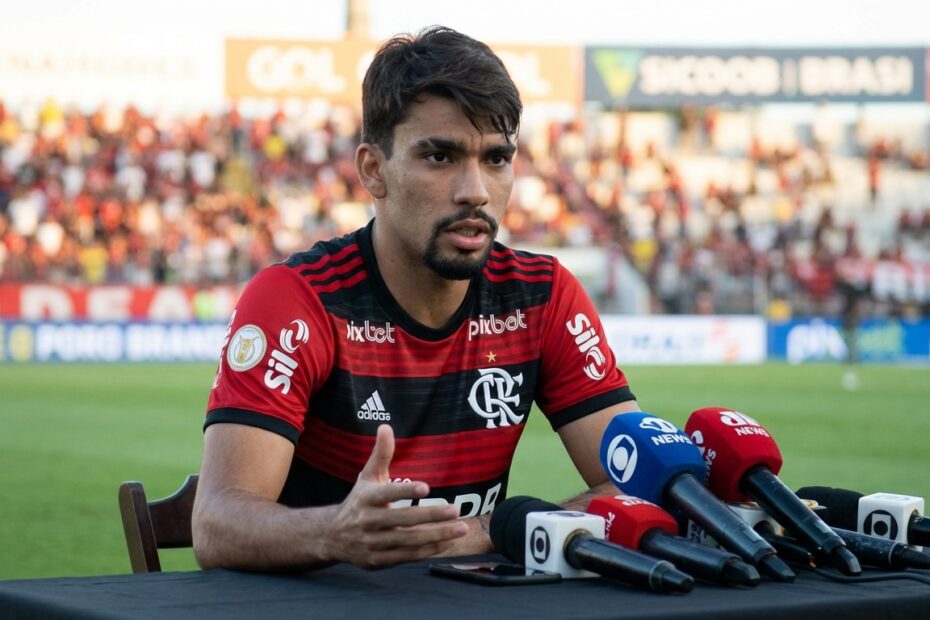 Lucas Paquetá concede entrevista coletiva vestindo a camisa do Flamengo