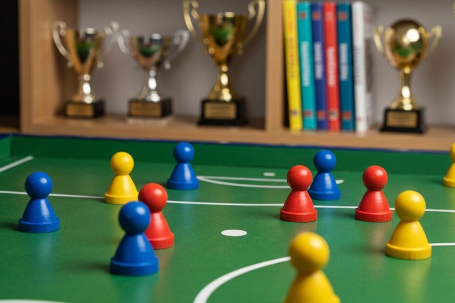 Mesa de futebol de botão com botões coloridos em ação