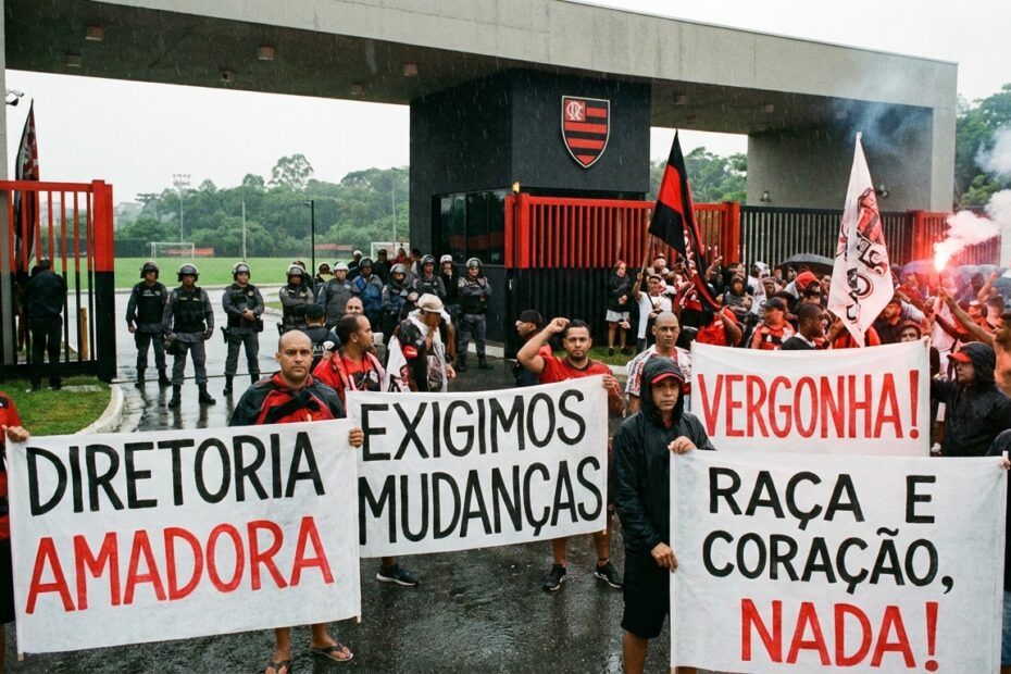 Torcedores do Flamengo protestam com faixas na frente do CT Ninho do Urubu