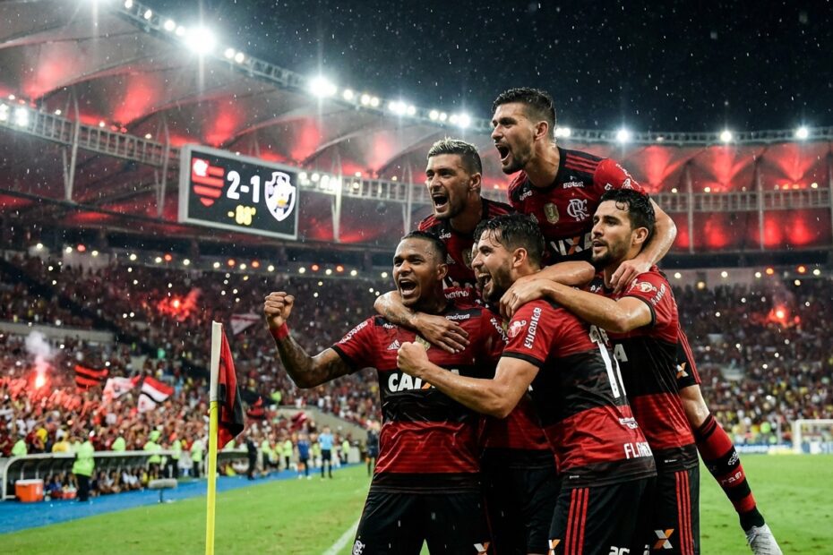 Jogadores do Flamengo celebram gol durante goleada no Maracanã