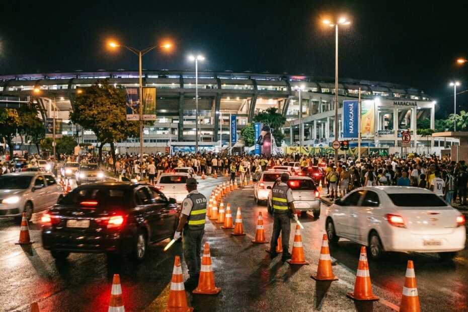 Operação de trânsito da CET-Rio no entorno do Maracanã à noite com agentes e sinalização