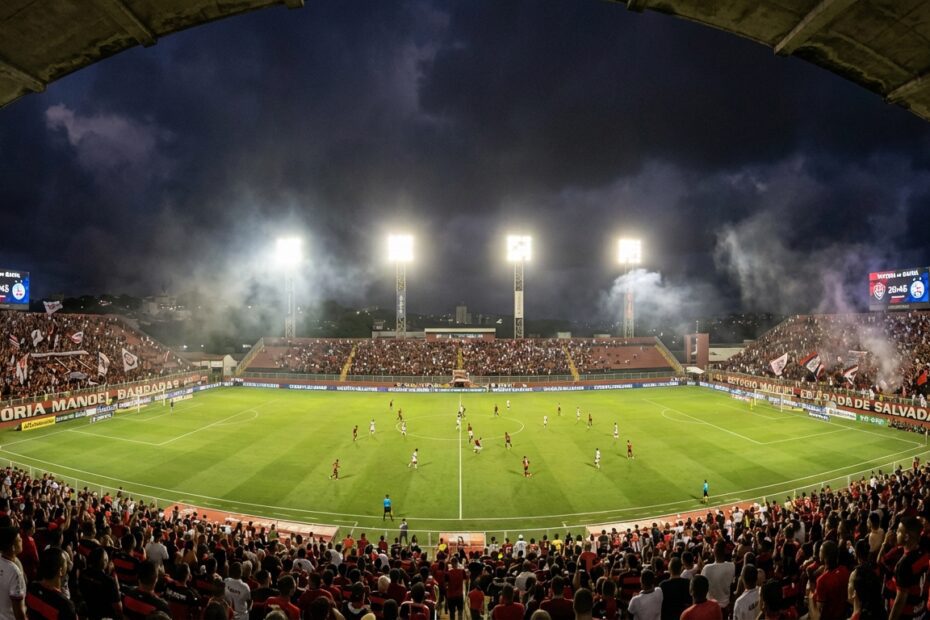 Estádio Barradão iluminado para jogo noturno entre Vitória e Flamengo