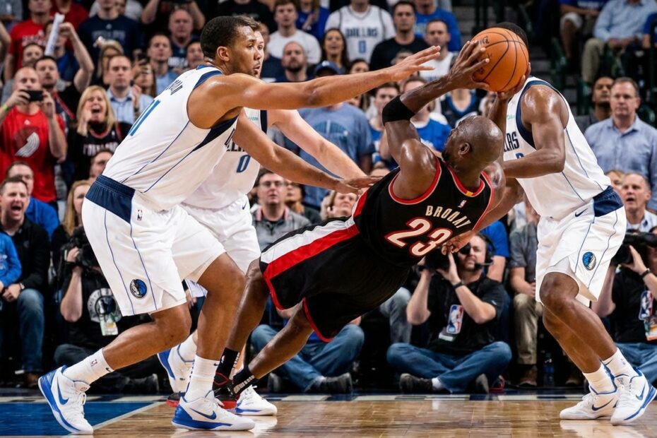 Jogador do Flamengo arremessa a bola para marcar pontos decisivos enquanto cai na quadra cercado por defensores do Astros