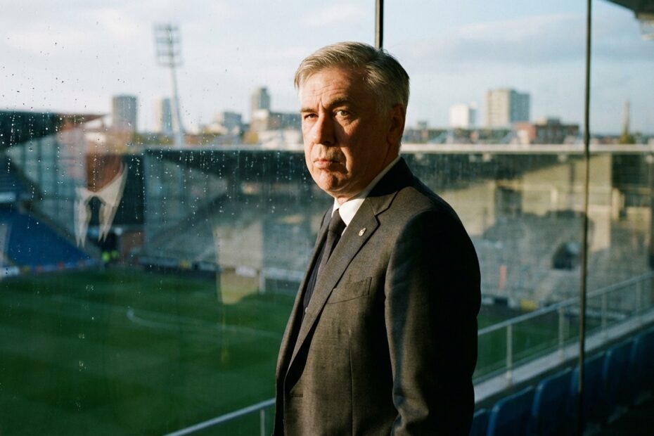 Executivo de futebol em trajes formais em um ambiente corporativo esportivo