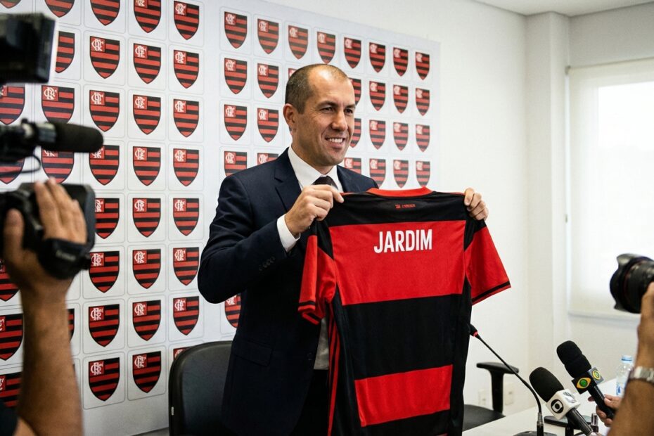 Leonardo Jardim é apresentado como novo técnico do Flamengo segurando a camisa do clube