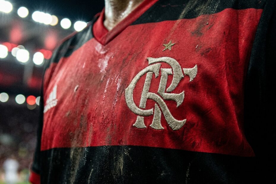 Detalhe da camisa do Flamengo com foco no escudo rubro-negro