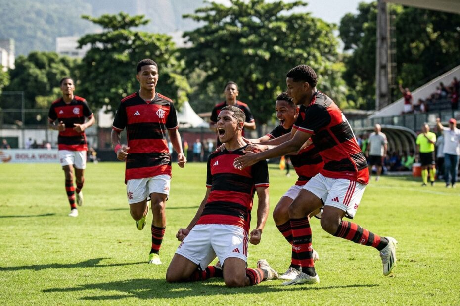 Jogadores do Flamengo Sub-15 comemoram gol durante a final da Recopa Carioca na Gávea