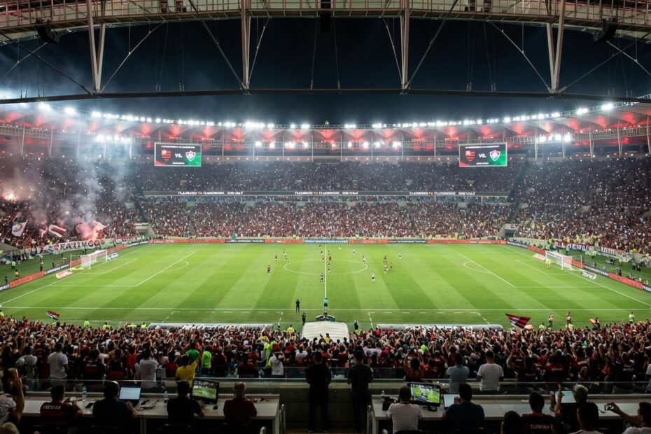 Visão geral do estádio do Maracanã iluminado para partida noturna de futebol