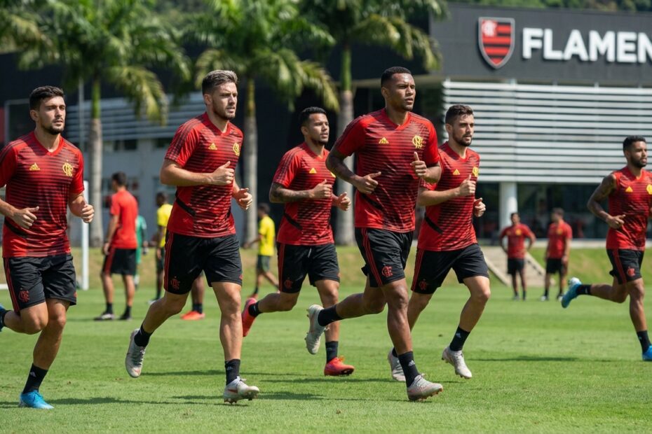 Jogadores do Flamengo em treinamento no Ninho do Urubu antes da final do Carioca
