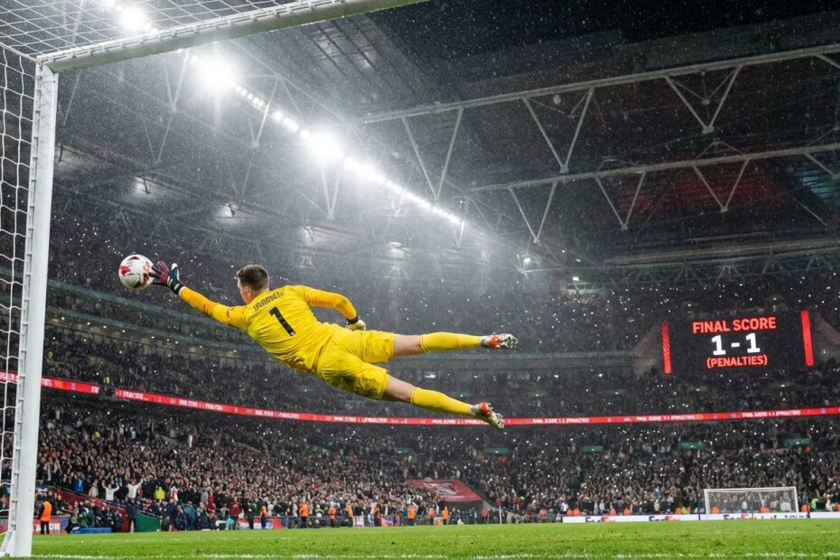 Goleiro salta para defender a bola durante cobrança de pênalti em estádio lotado