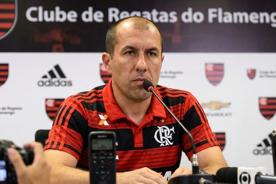 Leonardo Jardim fala ao microfone durante apresentação oficial como técnico do Flamengo