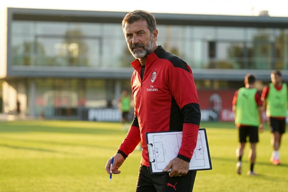 Treinador comandando atividade tática em centro de treinamento de futebol