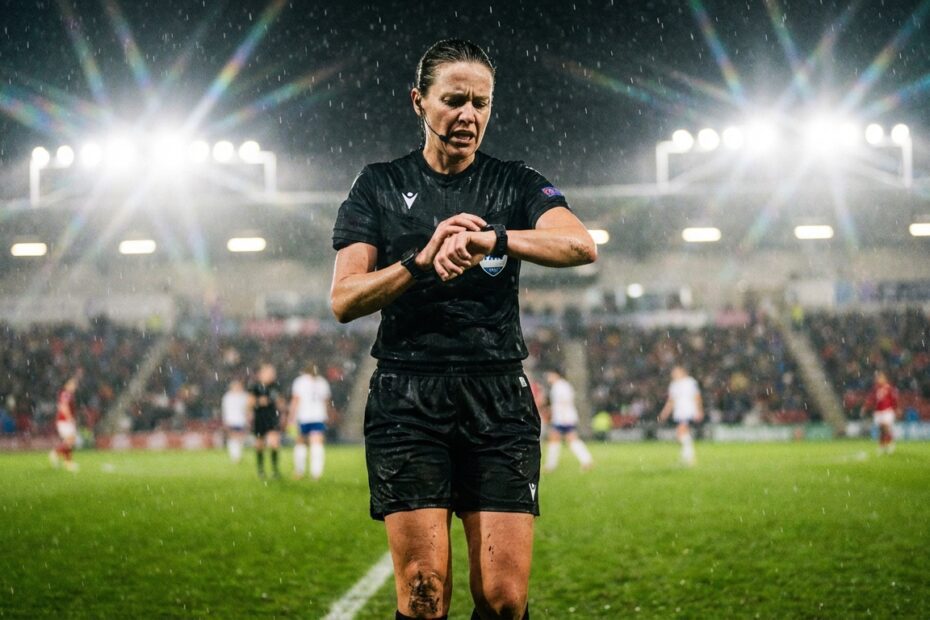 Árbitra de futebol no gramado molhado observando o relógio durante a noite