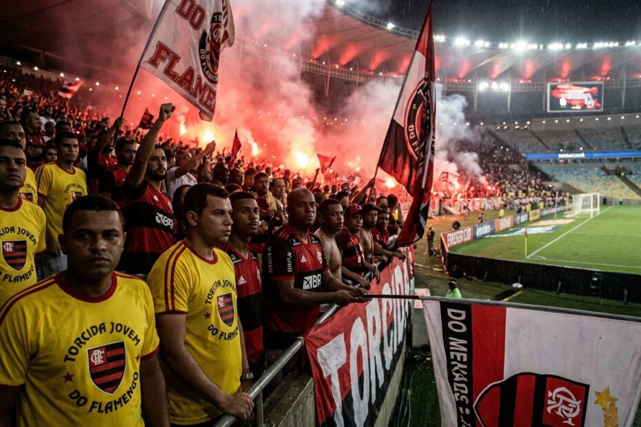 Torcida Jovem do Flamengo protesta na arquibancada do Maracanã com bandeiras e sinalizadores